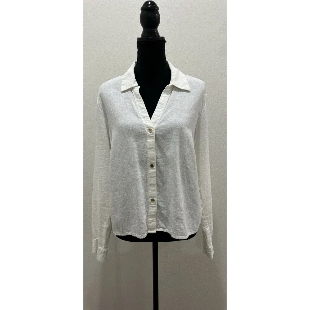Michael Kors Womens Sz Large Top White Linen Blend Button-Up Long Sleeve